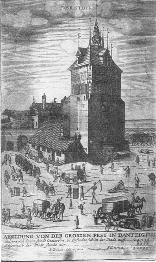 1709年にダンツィヒで発生した大疫病を描いた同時代の木版画:要塞化された町の門と塔が画面を支配し、荷車が遺体を運び、墓掘り人が作業し、町の人々が通りを行き来している。下のドイツ語の注釈には死者数が記されている。