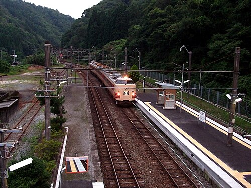 駅のホームを南側から見たところ。左側に引き込み線が分岐しているのが見えます。