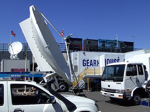 テニストーナメントの中継：伸縮式サイドパネルを備えた中継車、衛星アンテナ、発電機トラック。スタジアム上部には2台の中継カメラと3つのアナウンスブースが見える。オーストラリア、ビクトリア州クーヨン、2008年