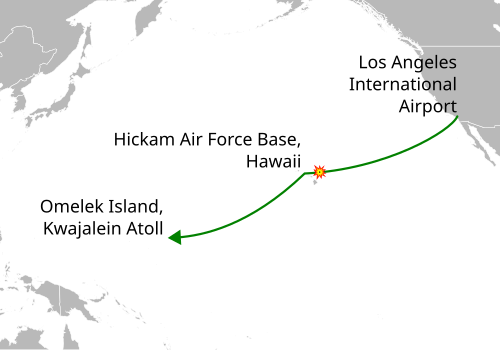 フライトルート: ロサンゼルス国際空港、ハワイ・ヒッカム空軍基地、オメレク島クェゼリン環礁