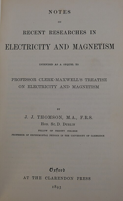 電気と磁気に関する最近の研究に関するノートの表紙(1893年)