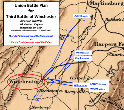 ウィンチェスター近郊の地域と、計画された北軍部隊の移動を示す地図