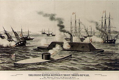 版画:鉄製軍艦による最初の海戦、ヘンリー・ビルによるリトグラフ(1862年)