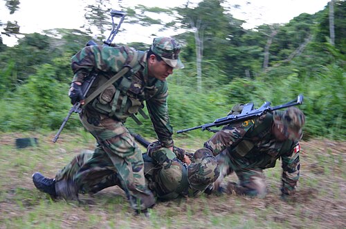 2008年6月12日、エフォド戦闘ベストを着用し、7.62mmガリル突撃銃で武装したペルー海兵隊員が訓練演習を行っている。