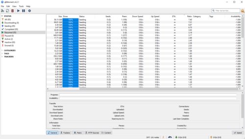 qbittorrent インターフェースの画像。無料かつオープンソースの設計により人気の高いトレント プログラムです。