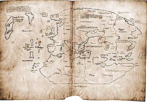 黒インクで描かれた地図。大西洋に「ヴィンランダ島」、「グルーランダ島」、「イソランダ・イベルニカ島」が示されている。