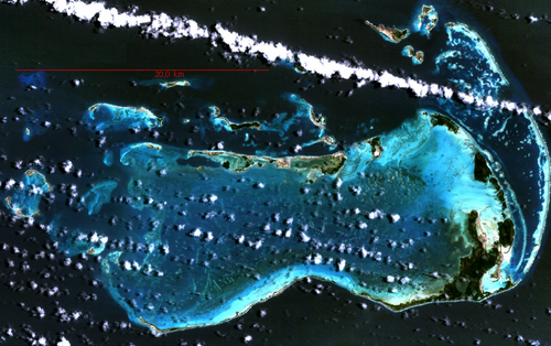 ベネズエラのロス・ロケス諸島（ラテンアメリカ最大の海洋国立公園）を宇宙から撮影した写真。NASA提供。