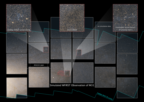 このシミュレーション画像は、WFIRSTで観測した場合のアンドロメダ銀河の5000万個以上の星の赤色光と赤外線を示しています。