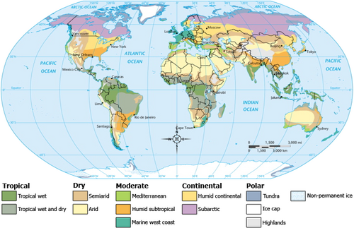 緯度によって大きく左右される気候帯を区分した世界地図。赤道から上(および下)に向かって、熱帯、乾燥、温帯、大陸性、極性の気候帯に分類されます。これらの気候帯内にはサブ気候帯があります。