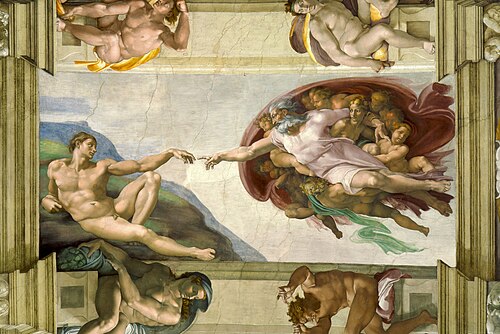 アダムの創造、ミケランジェロ作、1508-1512年、フレスコ画、システィーナ礼拝堂
