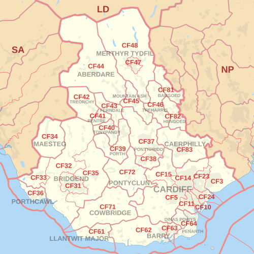 郵便番号地区、郵便町、近隣の郵便番号エリアを示す CF 郵便番号エリア マップ。