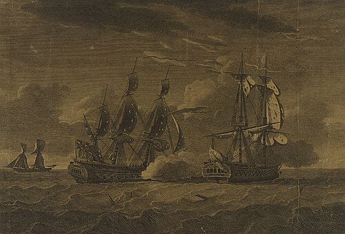 暗い色調の版画で、右舷後方に2隻の帆走フリゲート艦が疾走しながら戦闘を繰り広げている様子が描かれている。遠景には小型の船が見える。
