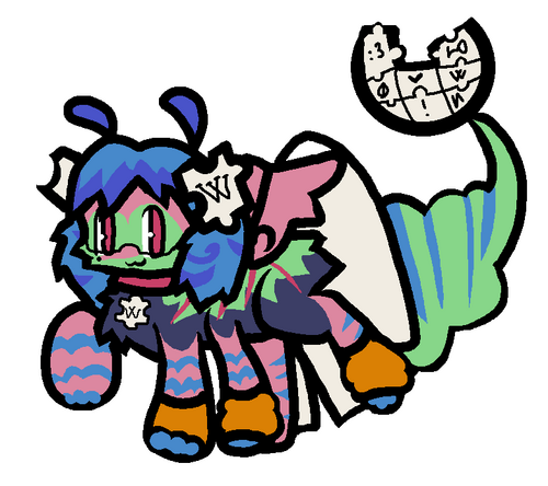 翼と尻尾を持つ、青、ピンク、緑の四足動物の絵。ウィキペディアのモチーフも追加されている。