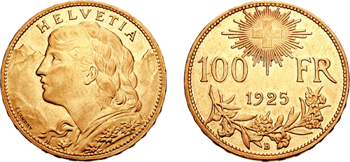 1925年発行の金貨100スイスフラン硬貨。