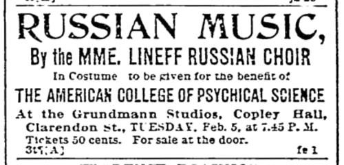 広告、マダム・リネフ・ロシア合唱団、コプリー・ホール、1895年