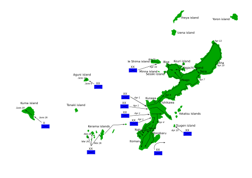 三日月形の島の地図。西岸に4つのアメリカ軍師団が上陸する予定。