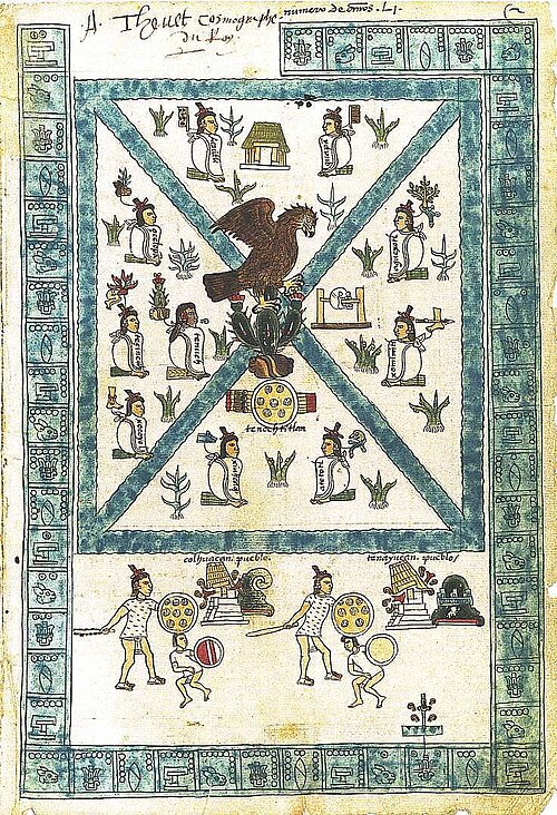 A painting from Codex Mendoza showing the Aztec legend of the foundation of Tenochtitlán, c.1553