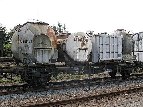ボッフム・ダールハウゼン鉄道博物館の貨車。4 種類の UIC-590 PA コンテナが展示されている。