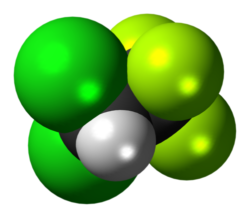 2,2-ジクロロ-1,1,1-トリフルオロエタン分子の空間充填モデル