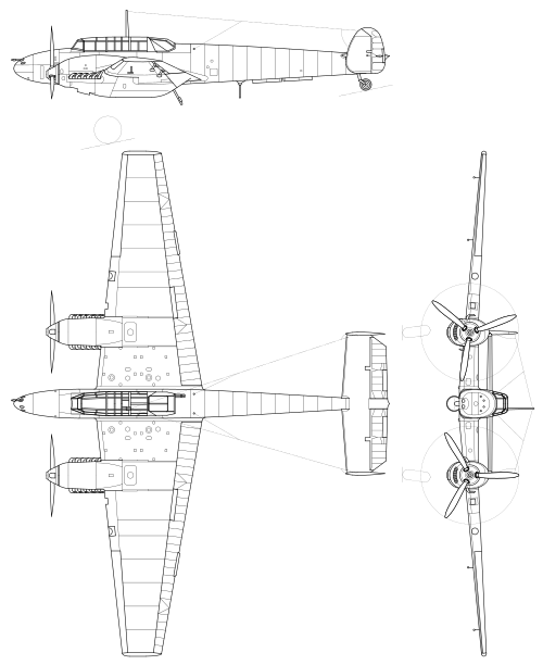 メッサーシュミットBf110の3面図線画