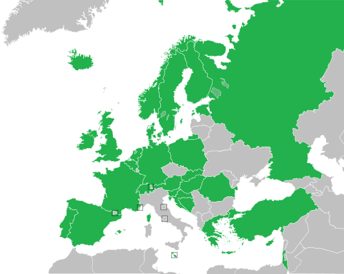 1994年時点の国境線を示すヨーロッパ、北アフリカ、西アジアの国々の地図。1994年のコンテスト参加者は緑色で示されている。