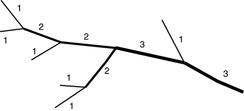 各セグメントに番号が割り当てられた分岐構造の図。すべての末端セグメントには「1」の番号が付けられます。同じ順序の 2 つのセグメントが出会うと、それらの組み合わせから生じるセグメントに次に高い順序が与えられます。異なる順序の 2 つのセグメントが出会うと、結果として生じるセグメントには、2 つの組み合わせセグメントのうちのより高い順序が与えられます。