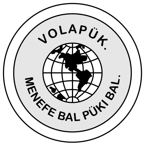 地球儀のアイコンの周りに「Volapük, Menefe Bal Püki Bal」という文字。