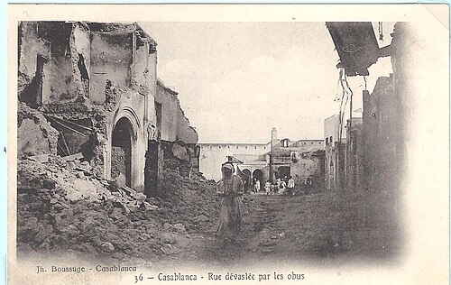 1907 年のフランス軍の砲撃によるカサブランカの破壊。