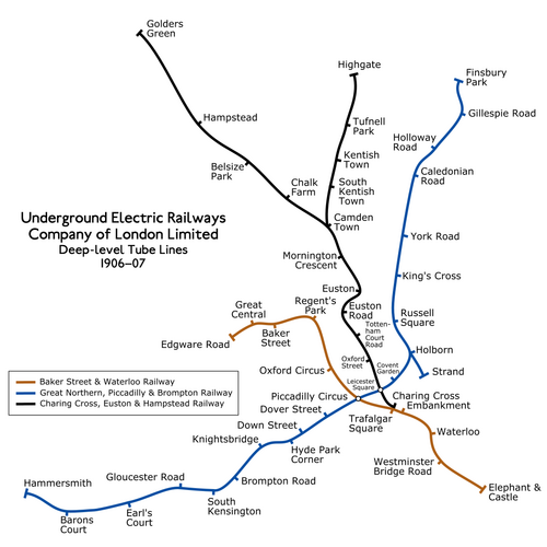 UERL の 3 つの地下鉄路線のルートを示します。茶色はベーカー ストリート アンド ウォータールー鉄道、黒はチャリング クロス アンド ユーストン アンド ハムステッド鉄道、青はグレート ノーザン アンド ピカデリー アンド ブロンプトン鉄道です。