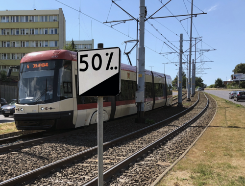 ポーランドのグダニスクにある鉄道の距離と勾配の標識。50‰ の勾配は 5% に相当します。