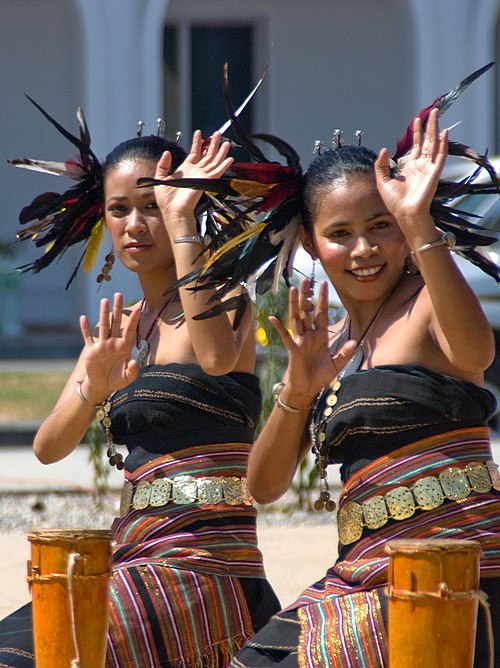 羽飾りとタイス布を取り入れた伝統的な衣装を着て踊る二人の女性