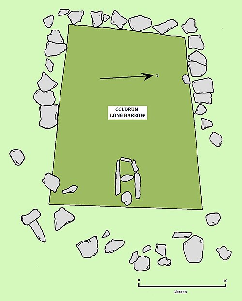 コールドラム長墳墓の平面図。画像の中央には、上から下までほぼ長方形の形が描かれており、濃い緑色で囲まれています。この長方形の下端には石室の絵があります。長方形の上半分の周りには灰色の丸石が囲まれています。長方形の下部にはさまざまな灰色の丸石が囲まれていますが、不規則に散らばっています。