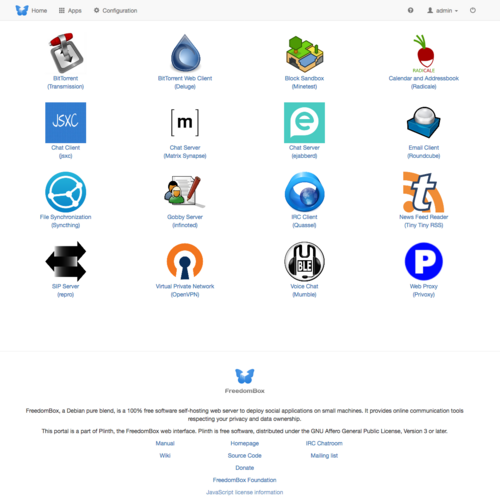 FreedomBoxのトップページのスクリーンショット