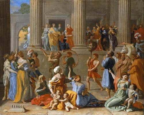 ダビデがゴリアテの首を棒に掲げ、人々が祝う様子を描いた絵画
