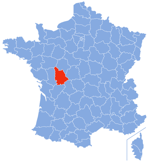 フランスのさまざまな県が白い線で強調表示された、青色のフランス地図