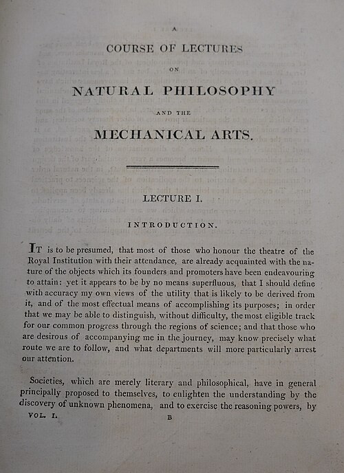 『自然哲学と機械工学に関する講義録』（1807年）第1巻の最初のページ