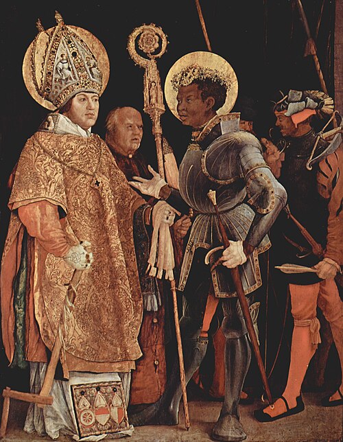 マティアス・グリューネヴァルト（1517-23）作「聖エラスムスと聖モーリス」、アルテ・ピナコテーク。グリューネヴァルトは、この絵を依頼したマインツのアルブレヒトを聖エラスムスのモデルにしました。