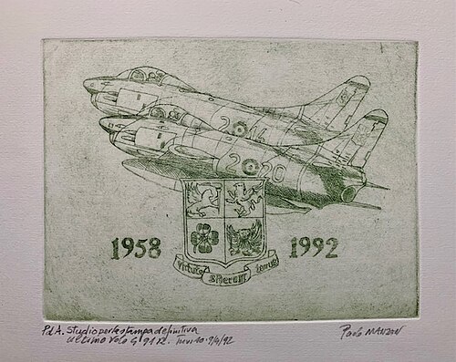 トレヴィーゾ空港から出発するイタリアのG 91Rを描いたエッチング