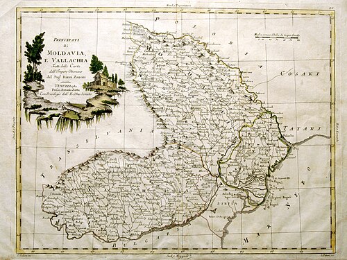1786 年のモルダヴィア公国とワラキア公国、G. ピットーリ (地理学者ジョヴァンニ アントニオ リッツィ ザノーニにちなんで) がイタリアの地図に描いたもの