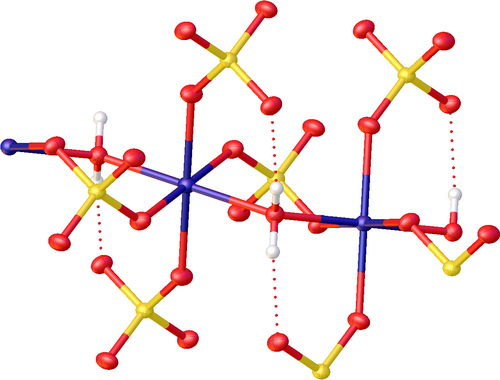 MSO4(H2O)のサブ構造。架橋水と架橋硫酸塩の存在を示す（M = Mg、Mn、Fe、Co、Ni、Zn）。