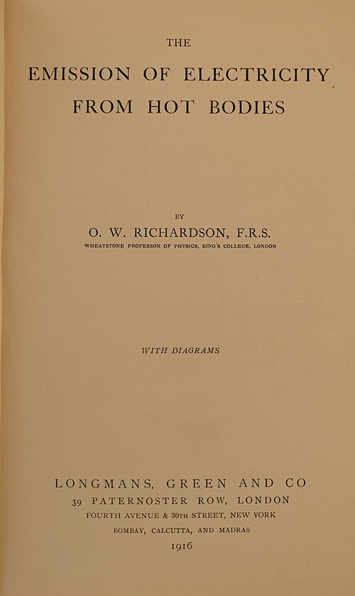 『高温物体からの電気放出』（1916年）の表紙
