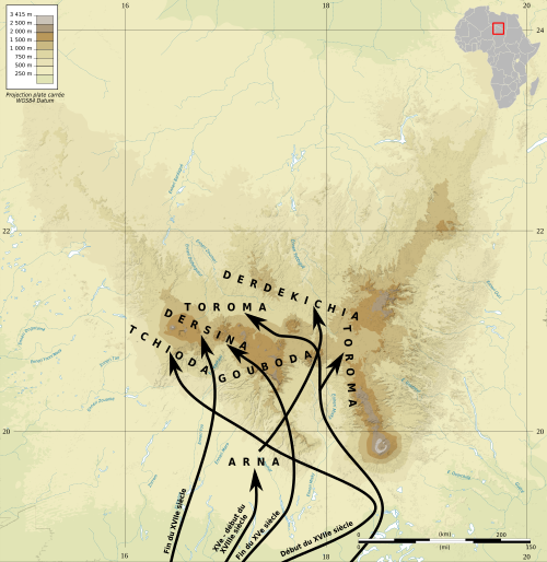 ダザ族がカネムからティベスティへ移住した様子を示す地図