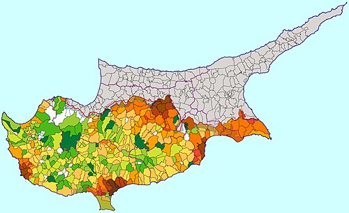 南キプロスの人口密度マップ。1平方キロメートルあたりの居住者数（2001年国勢調査）を色のグラデーションで表現。