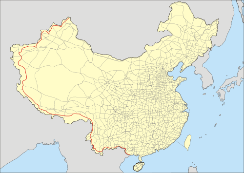 G219 を描いた中国の地図。北西、西、南西の境界線に沿った赤い線。