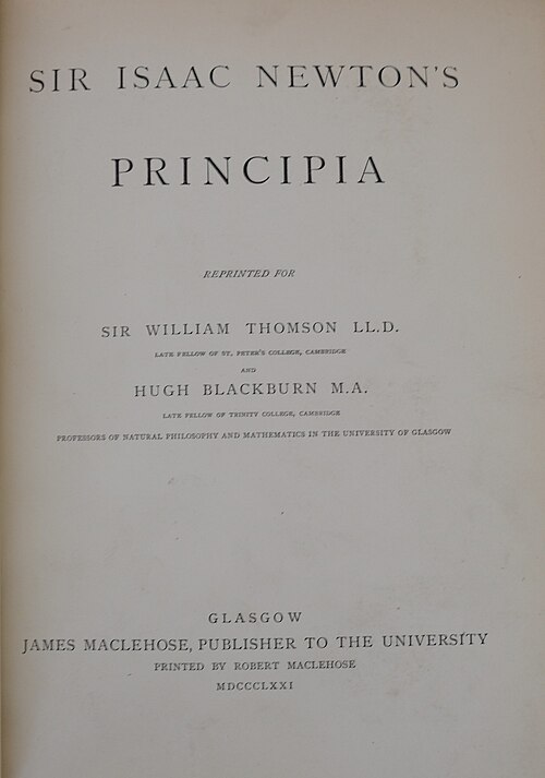 アイザック・ニュートン著『自然哲学の数学的原理』1871年版の表紙。ブラックバーンとウィリアム・トムソンに献辞が添えられている。