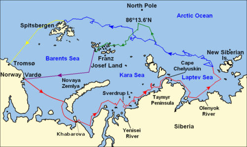 シベリア北部の海と島々の地図。5 本の色の線は船とナンセンの個々の航路を示しています。