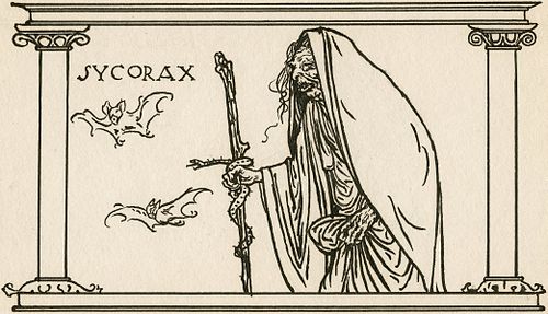 杖をついて歩く、背中を丸めてマントを羽織った老女。彼女の横には「Sycorax」という名前が綴られている。
