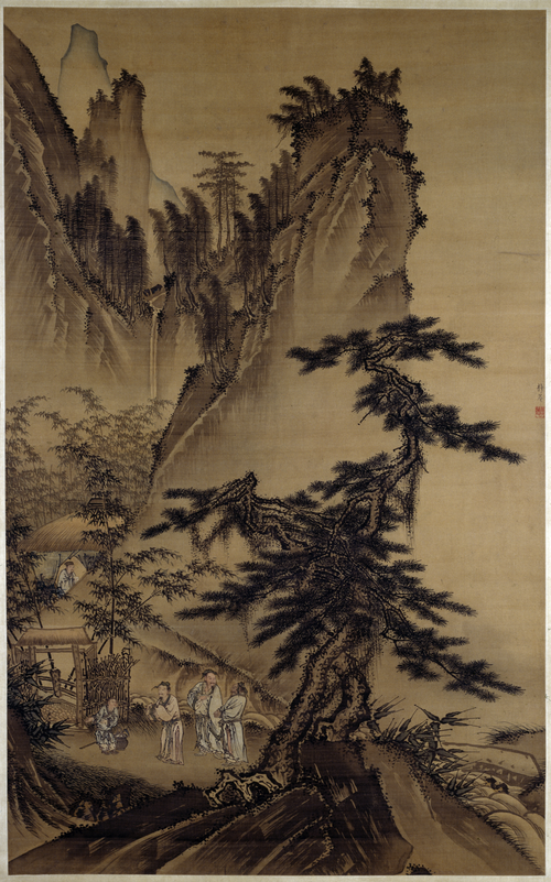 戴進の「三度草庵図」（明代初期）。諸葛亮の草庵で張飛（右）が関羽と劉備とともにいる様子を描いている。