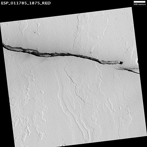 風に運ばれた物質がケルベロス・フォッサの谷の周囲の領域を暗くしている（HiRISE画像のスケールバーは500m）