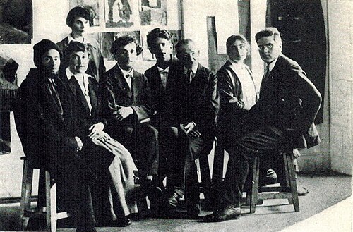 1919 年 7 月 26 日、ヴィテプスクの人民芸術学校の教授たち。左から右へ: ラザール・リシツキー、ヴェラ・エルモラエワ、マルク・シャガール、デヴィッド・ヤカーソン [ru]、ユーリー・ペン、ニーナ・コーガン、アレクサンダー・ロム [ru]